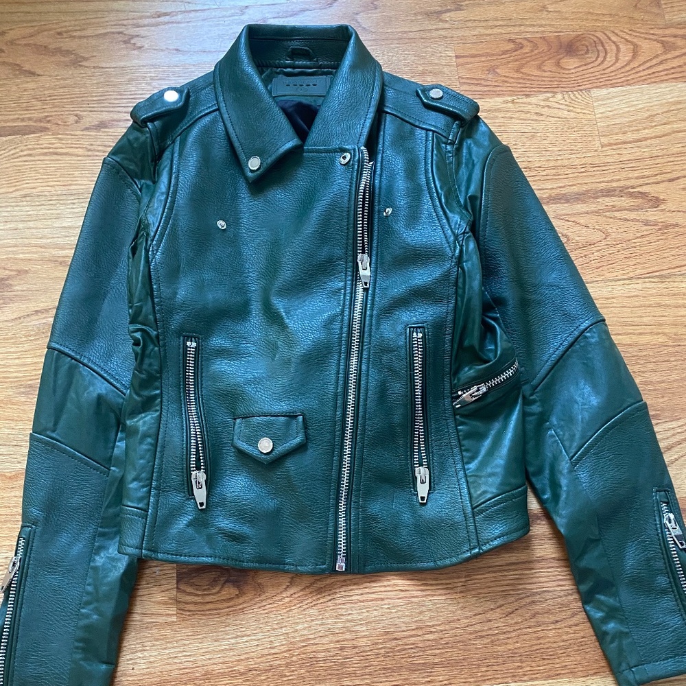 Faux leather moto hunter green jacket